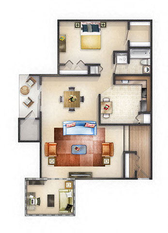 Floor plan for 1 bed, 1 bath, 950 sqft